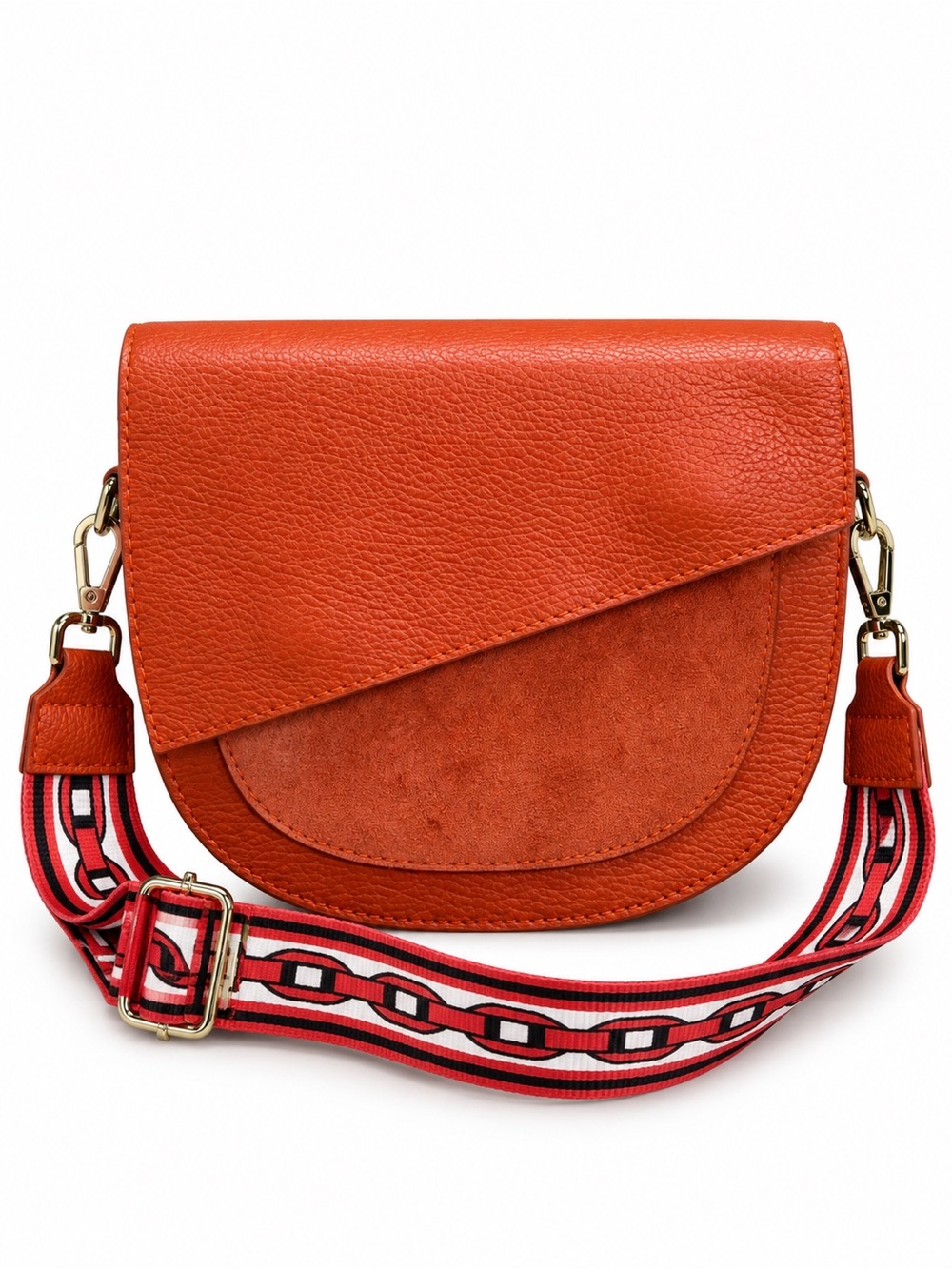 Borse in Pelle Italian Leather Suede Saddle Crossbody Bag Orange Web Strap